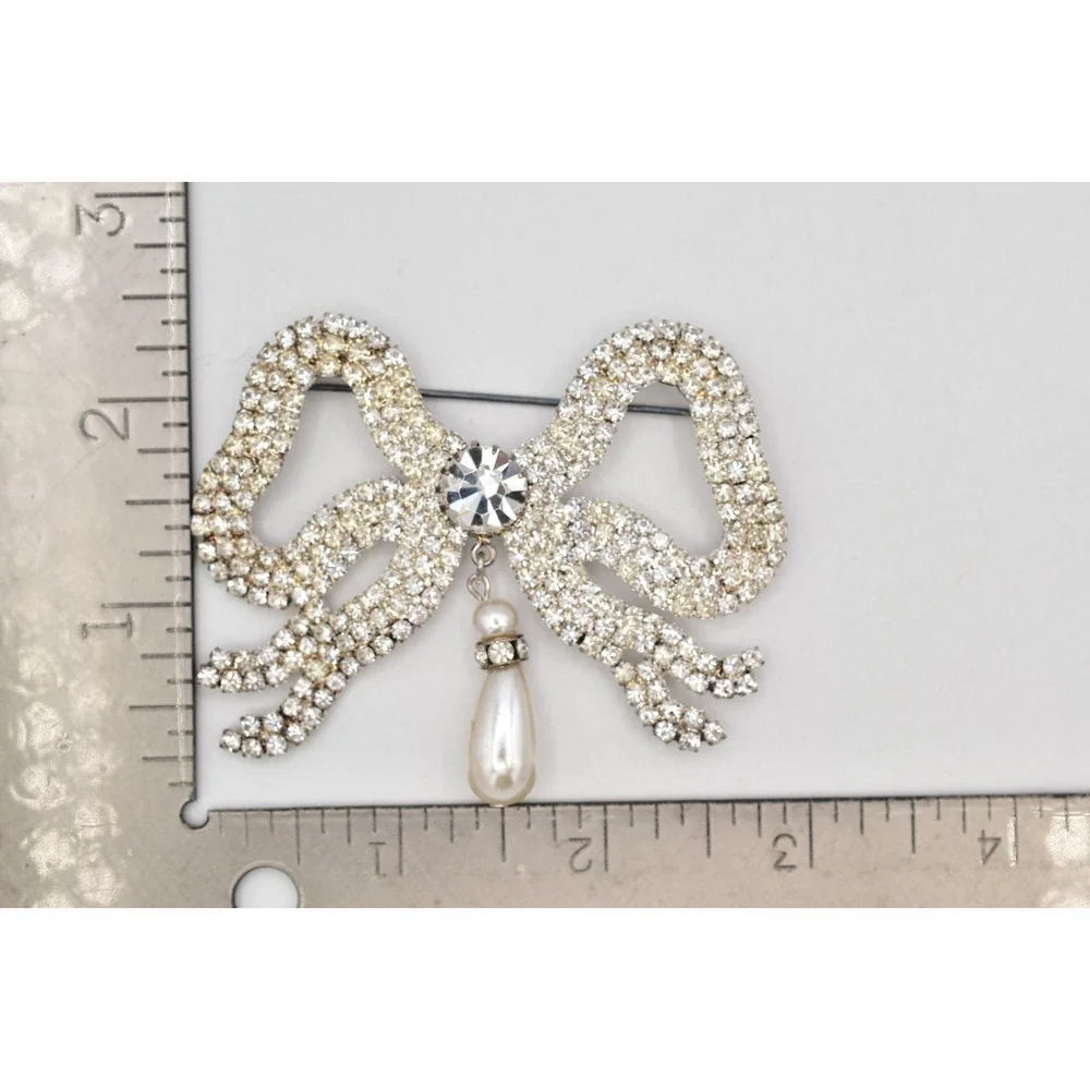 Vintage Crystal Bow Pin Brooch Pearl Dangle Prong Rhinestone Silver 1960s BinBI